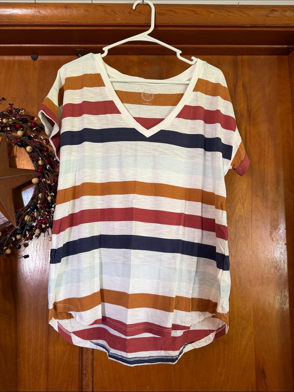 Women's Striped V-Neck Short Sleeve Tee in White, Rust, Navy & Pink